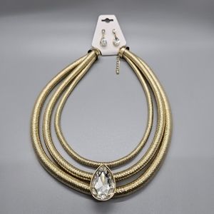 Fashion Jewerly Teardrop Gem Gold Thread Multi Necklace & Earring Set